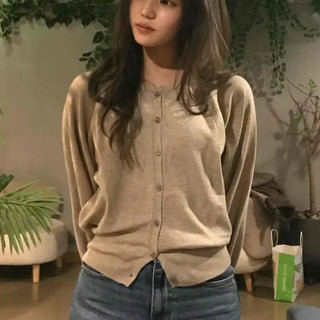 Retro Pleated Sleeve Band Collar Button Knit Cardigan