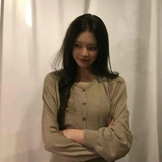 Retro Pleated Sleeve Band Collar Button Knit Cardigan