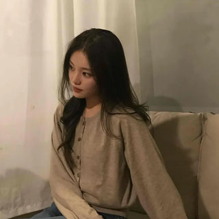 Retro Pleated Sleeve Band Collar Button Knit Cardigan