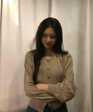 Retro Pleated Sleeve Band Collar Button Knit Cardigan