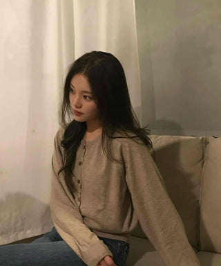 Retro Pleated Sleeve Band Collar Button Knit Cardigan