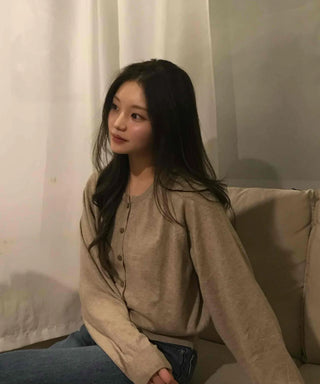 Retro Pleated Sleeve Band Collar Button Knit Cardigan