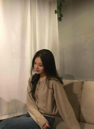 Retro Pleated Sleeve Band Collar Button Knit Cardigan