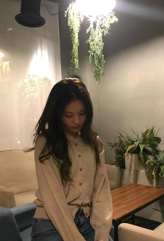 Retro Pleated Sleeve Band Collar Button Knit Cardigan