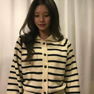 Midnight Marine Gold Button Collar Stripe Knit Cardigan