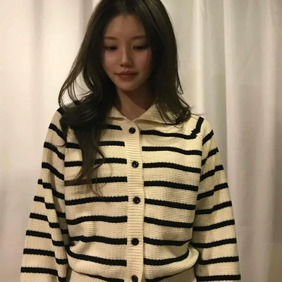 Midnight Marine Gold Button Collar Stripe Knit Cardigan