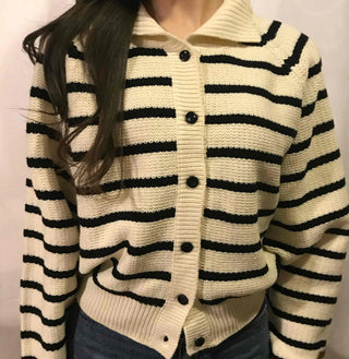 Midnight Marine Gold Button Collar Stripe Knit Cardigan