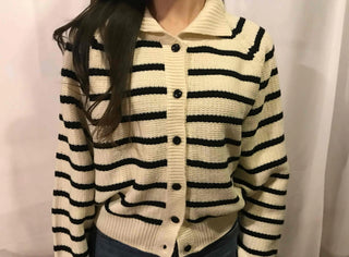 Midnight Marine Gold Button Collar Stripe Knit Cardigan