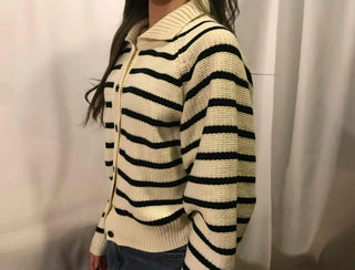Midnight Marine Gold Button Collar Stripe Knit Cardigan