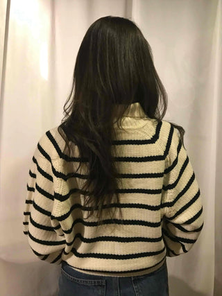 Midnight Marine Gold Button Collar Stripe Knit Cardigan