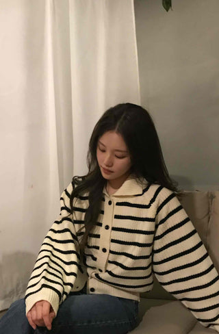 Midnight Marine Gold Button Collar Stripe Knit Cardigan