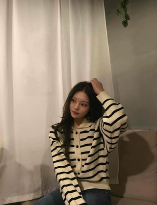 Midnight Marine Gold Button Collar Stripe Knit Cardigan