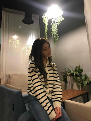 Midnight Marine Gold Button Collar Stripe Knit Cardigan