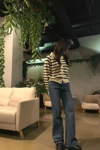 Midnight Marine Gold Button Collar Stripe Knit Cardigan