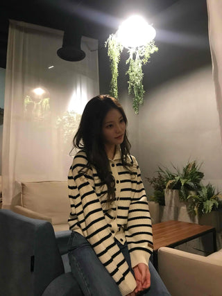 Midnight Marine Gold Button Collar Stripe Knit Cardigan