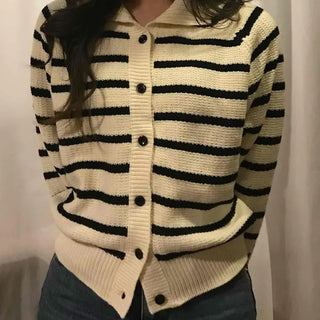 Midnight Marine Gold Button Collar Stripe Knit Cardigan