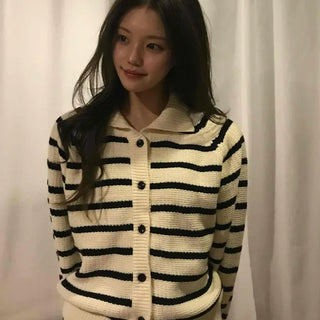 Midnight Marine Gold Button Collar Stripe Knit Cardigan