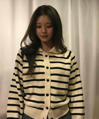 Midnight Marine Gold Button Collar Stripe Knit Cardigan