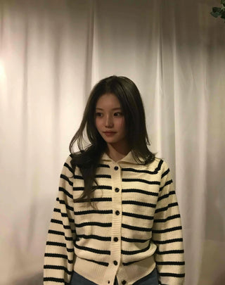 Midnight Marine Gold Button Collar Stripe Knit Cardigan