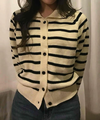 Midnight Marine Gold Button Collar Stripe Knit Cardigan