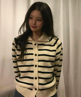 Midnight Marine Gold Button Collar Stripe Knit Cardigan