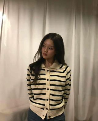 Midnight Marine Gold Button Collar Stripe Knit Cardigan