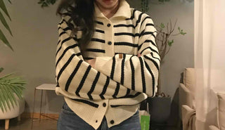 Midnight Marine Gold Button Collar Stripe Knit Cardigan