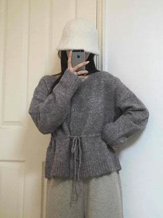 Fuzzy Wool Mix Drawstring Short Cardigan
