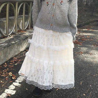 Romantic Embroidered Lace Tiered Long Skirt
