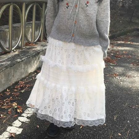 Romantic Embroidered Lace Tiered Long Skirt