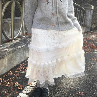 Romantic Embroidered Lace Tiered Long Skirt