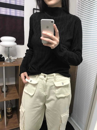 Soft Ribbed Turtleneck Volume Sleeve Long Sleeve Tee