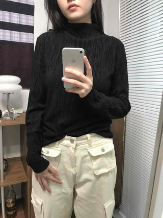 Soft Ribbed Turtleneck Volume Sleeve Long Sleeve Tee