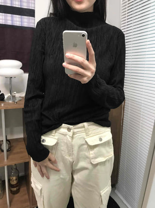Soft Ribbed Turtleneck Volume Sleeve Long Sleeve Tee