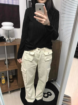 Soft Ribbed Turtleneck Volume Sleeve Long Sleeve Tee