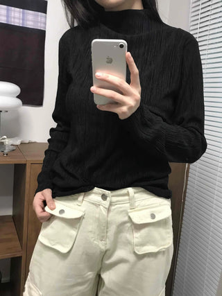 Soft Ribbed Turtleneck Volume Sleeve Long Sleeve Tee