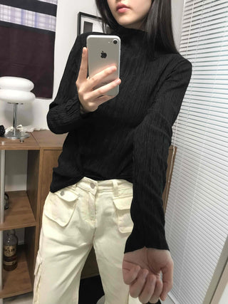 Soft Ribbed Turtleneck Volume Sleeve Long Sleeve Tee