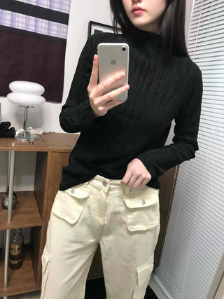 Soft Ribbed Turtleneck Volume Sleeve Long Sleeve Tee