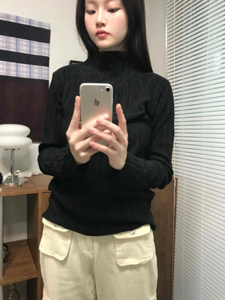 Soft Ribbed Turtleneck Volume Sleeve Long Sleeve Tee