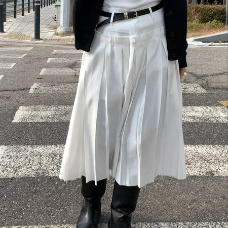 Belt Set Pleated A-Line Midi Skirt