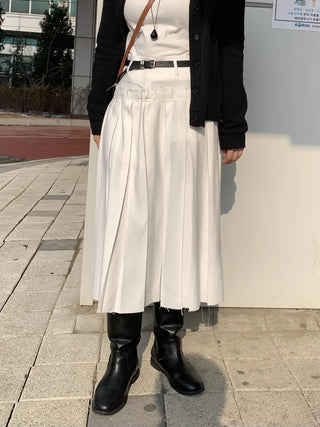 Belt Set Pleated A-Line Midi Skirt