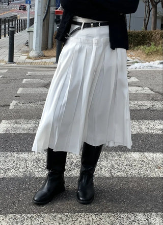 Belt Set Pleated A-Line Midi Skirt