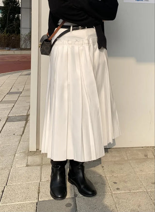 Belt Set Pleated A-Line Midi Skirt