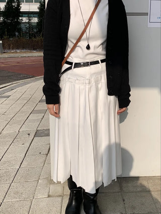 Belt Set Pleated A-Line Midi Skirt