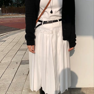 Belt Set Pleated A-Line Midi Skirt