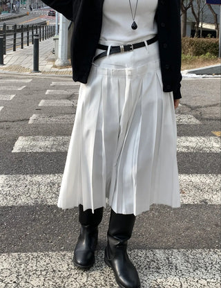 Belt Set Pleated A-Line Midi Skirt