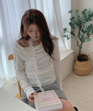 Drape Shirred Slim Fit Long Sleeve T-shirt Choker Set