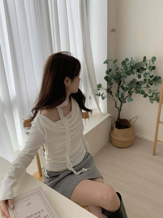 Drape Shirred Slim Fit Long Sleeve T-shirt Choker Set