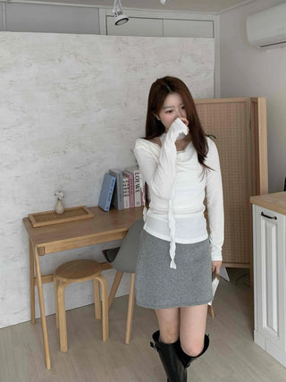 Drape Shirred Slim Fit Long Sleeve T-shirt Choker Set