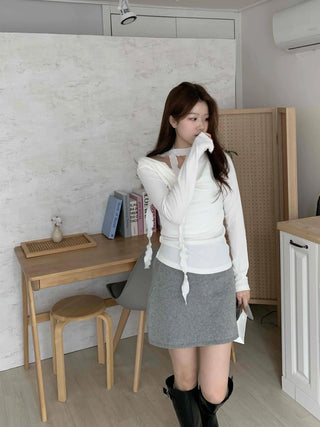 Drape Shirred Slim Fit Long Sleeve T-shirt Choker Set